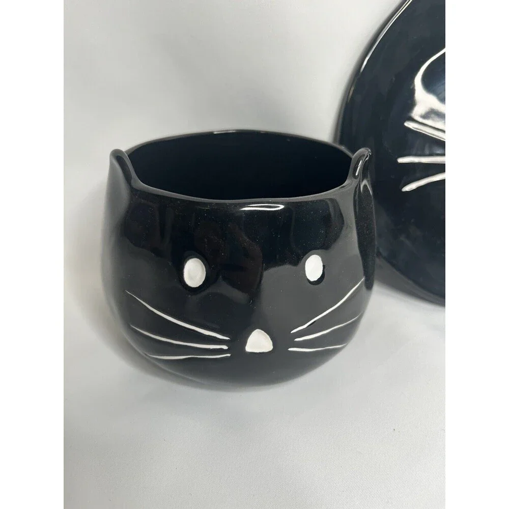 POTTERY BARN BLACK CAT FIGURAL BOWL AND PLATE Halloween Stoneware HTF CANDY DISH